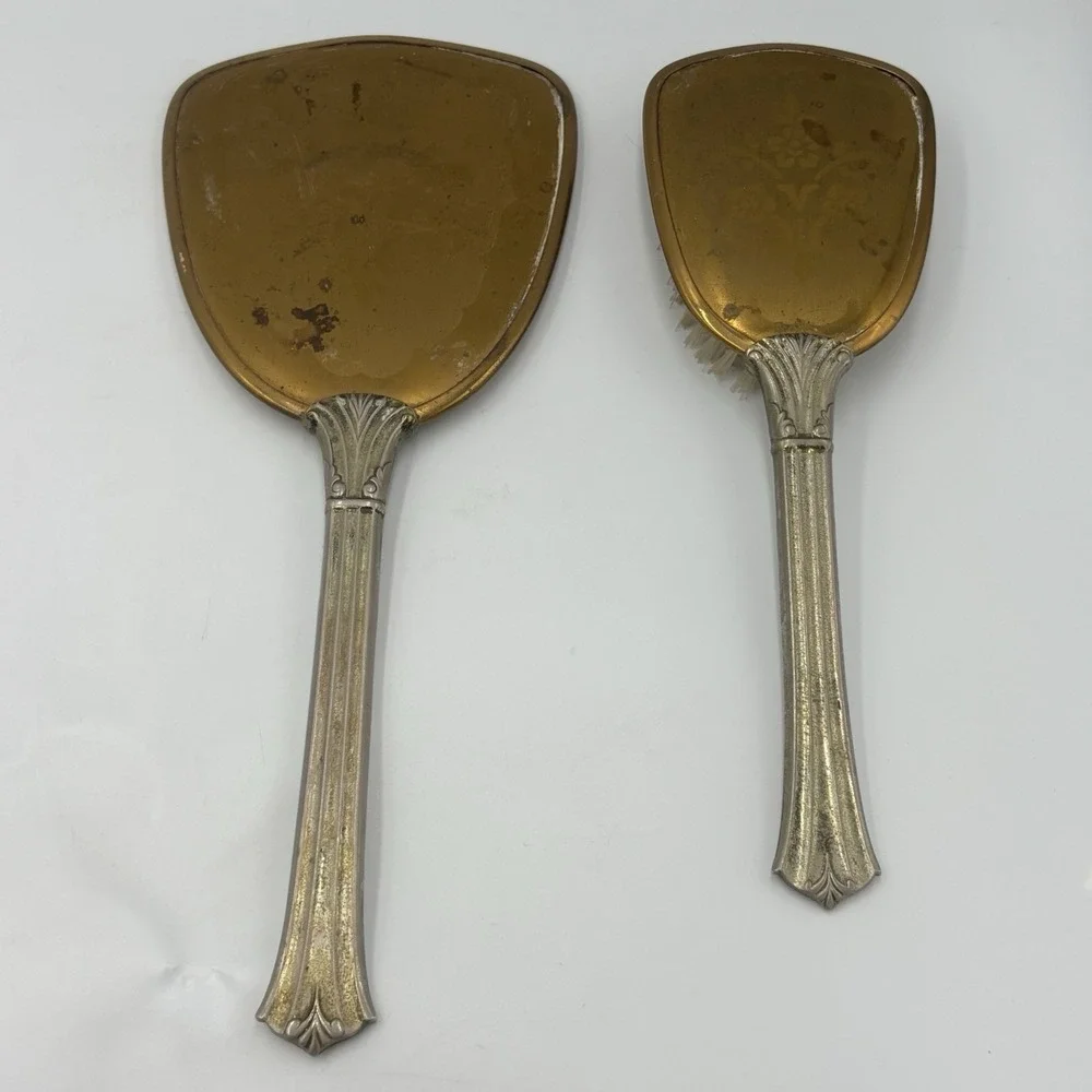 Vintage Victorian Style Vanity Hand Mirror And Brush Set Silver and Gold Tone‎